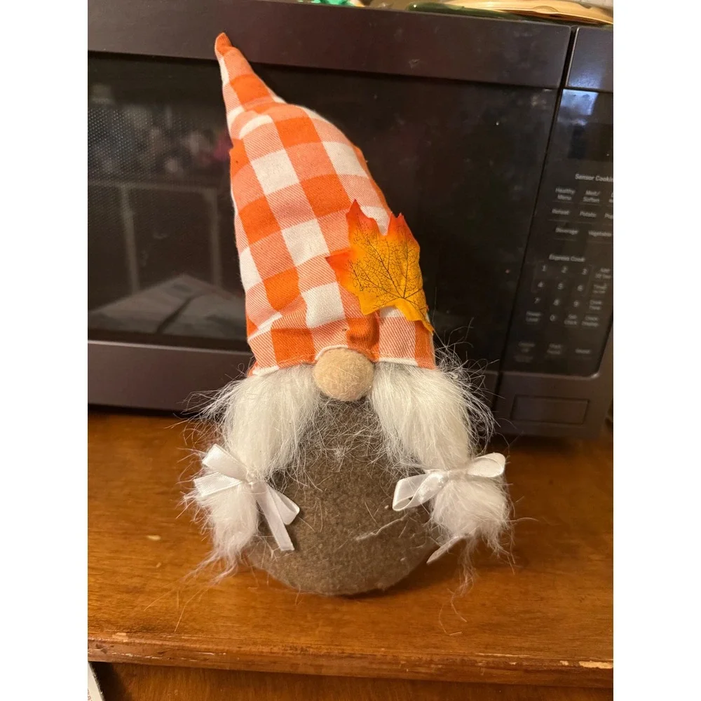 Fall Harvest Gnome Plush Orange White Gingham Plaid Hat Autumn Decor Braid Bows